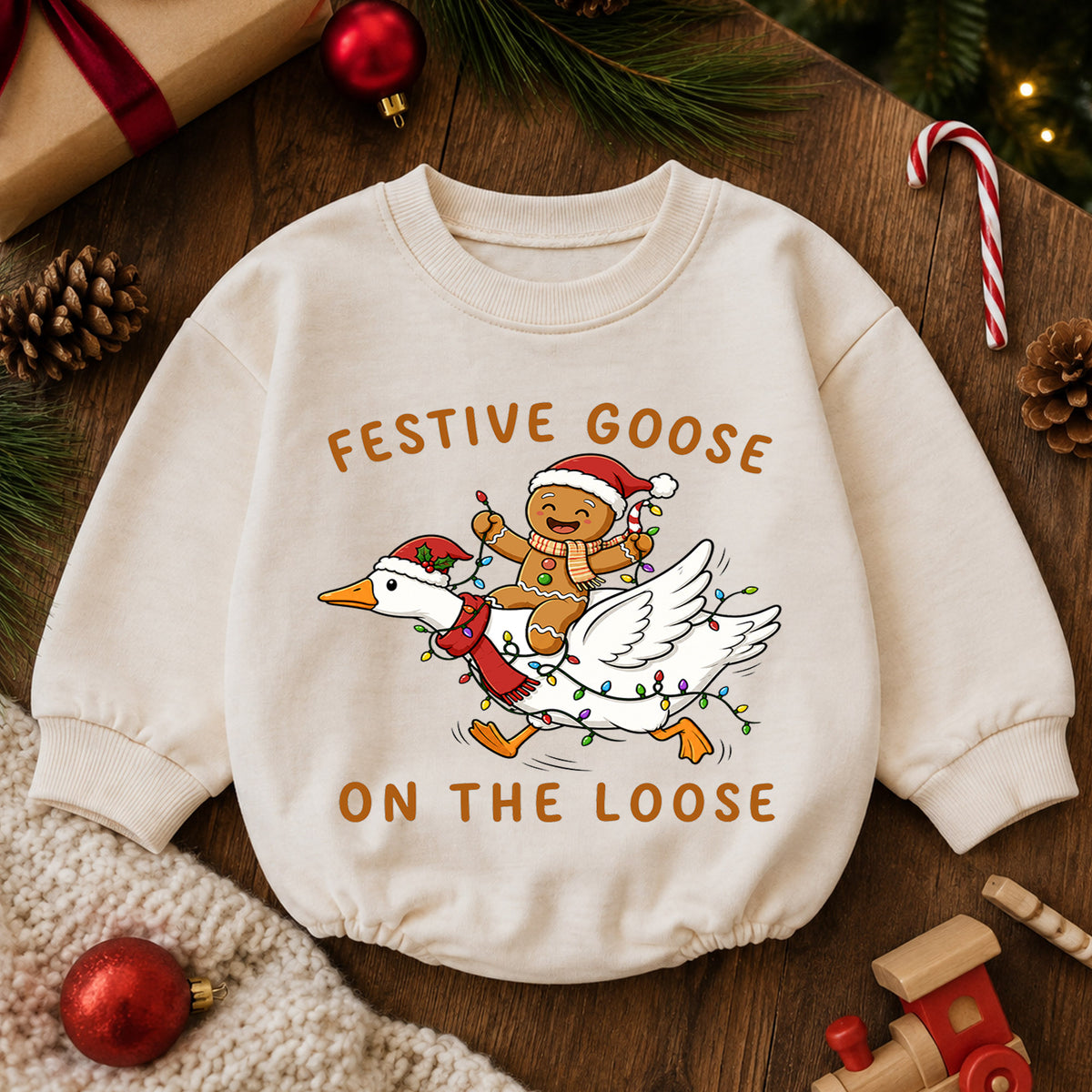 Christmas Goose Baby Romper, Gingerbread Holiday Outfit, Funny Toddler Xmas Romper, Festive Goose on the Loose — product view 6