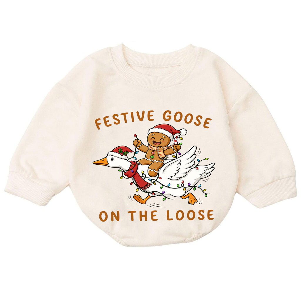 Christmas Goose Baby Romper, Gingerbread Holiday Outfit, Funny Toddler Xmas Romper, Festive Goose on the Loose — product view 7