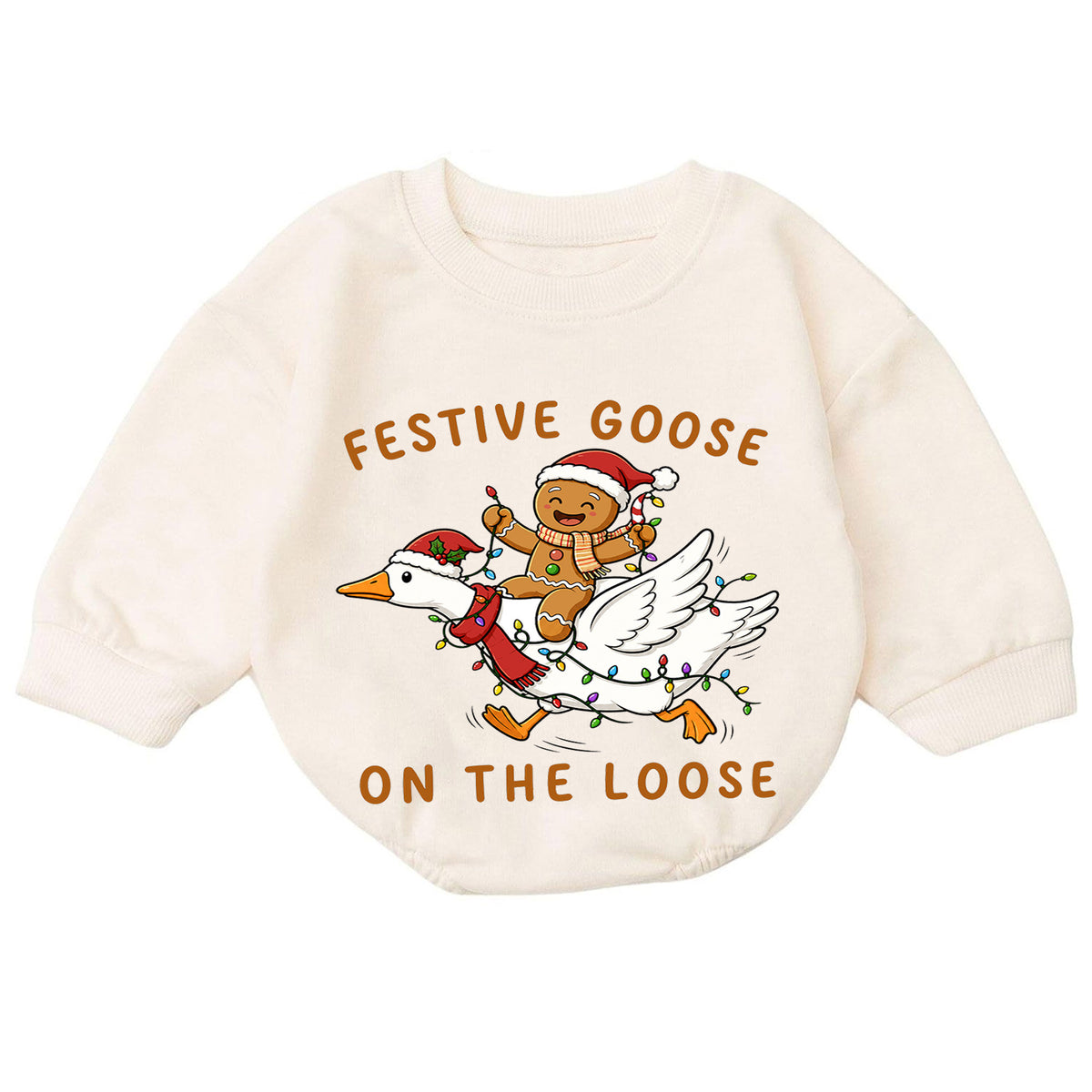 Christmas Goose Baby Romper, Gingerbread Holiday Outfit, Funny Toddler Xmas Romper, Festive Goose on the Loose — product view 7