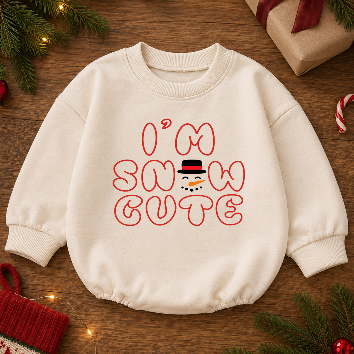 I'm Snow Cute Baby Christmas Romper, Minimal Snowman Holiday Outfit, Toddler Winter Clothes, Cute Xmas Gift — product view 2