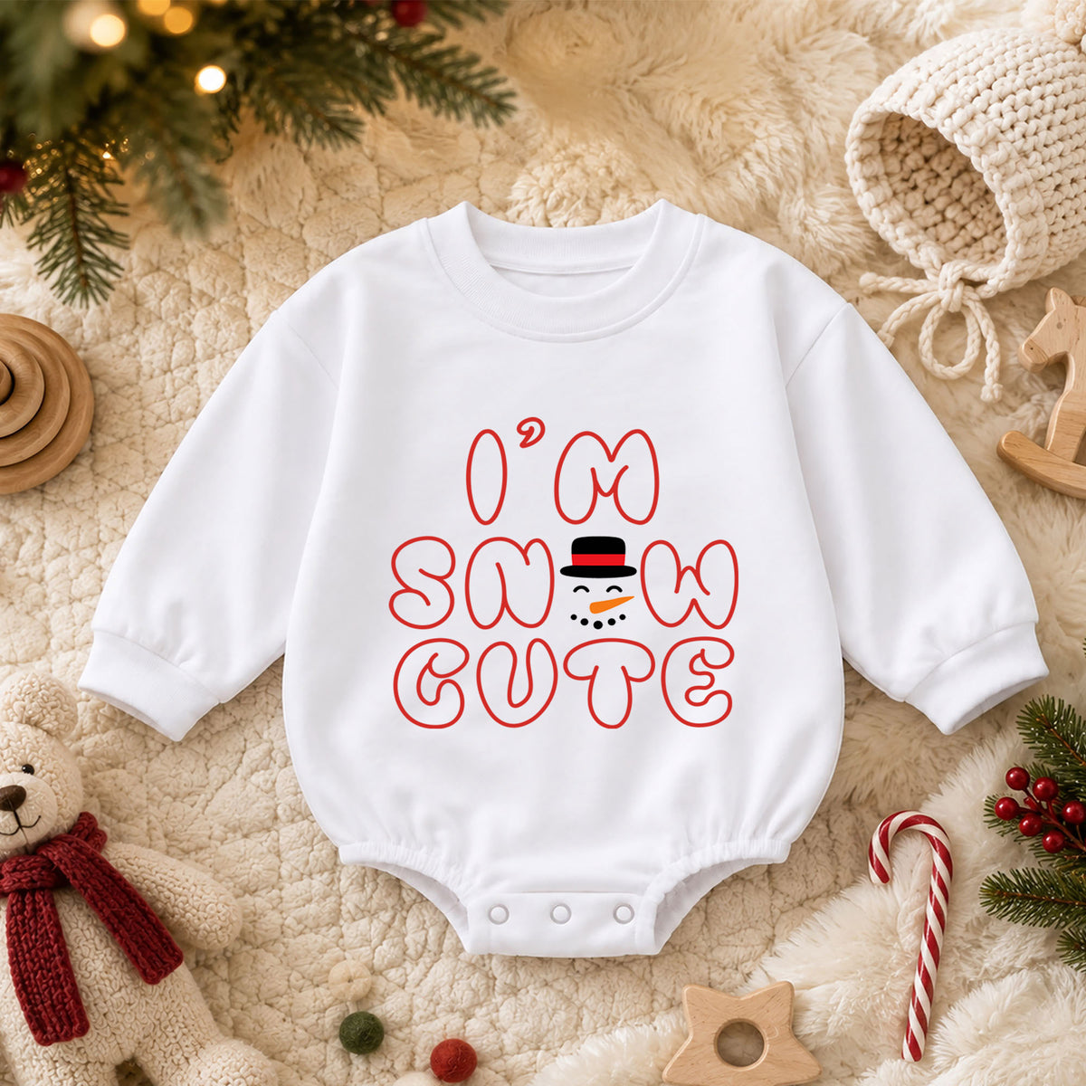 I'm Snow Cute Baby Christmas Romper, Minimal Snowman Holiday Outfit, Toddler Winter Clothes, Cute Xmas Gift — product view 3