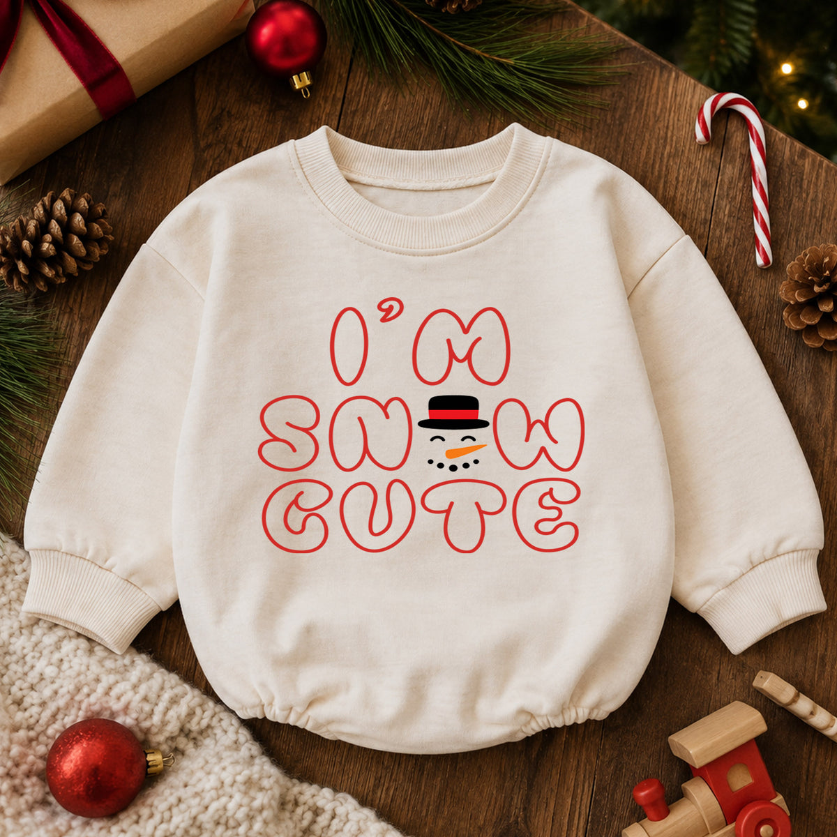 I'm Snow Cute Baby Christmas Romper, Minimal Snowman Holiday Outfit, Toddler Winter Clothes, Cute Xmas Gift — product view 6