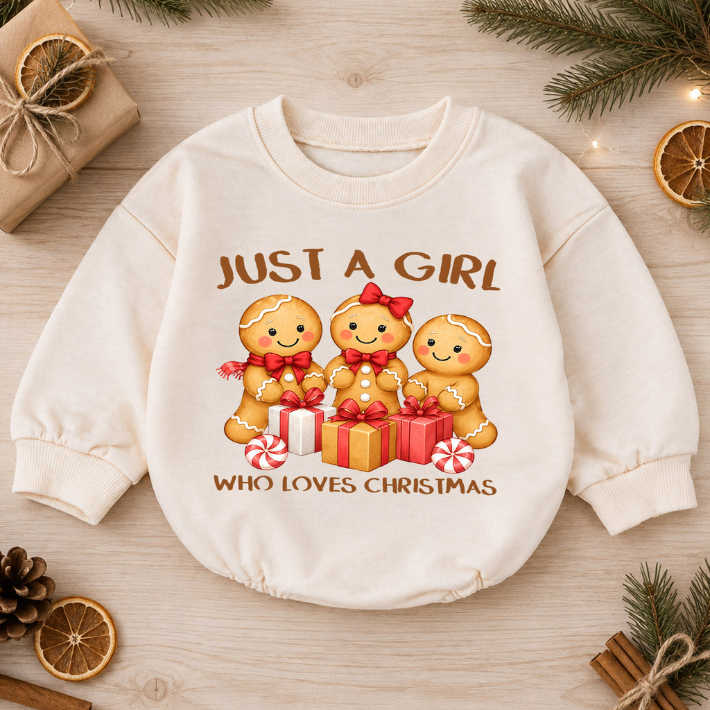 Just a Girl Who Loves Christmas Baby Romper, Gingerbread Girl Holiday Outfit, Toddler Xmas Clothes, Girl Gift — product view 1