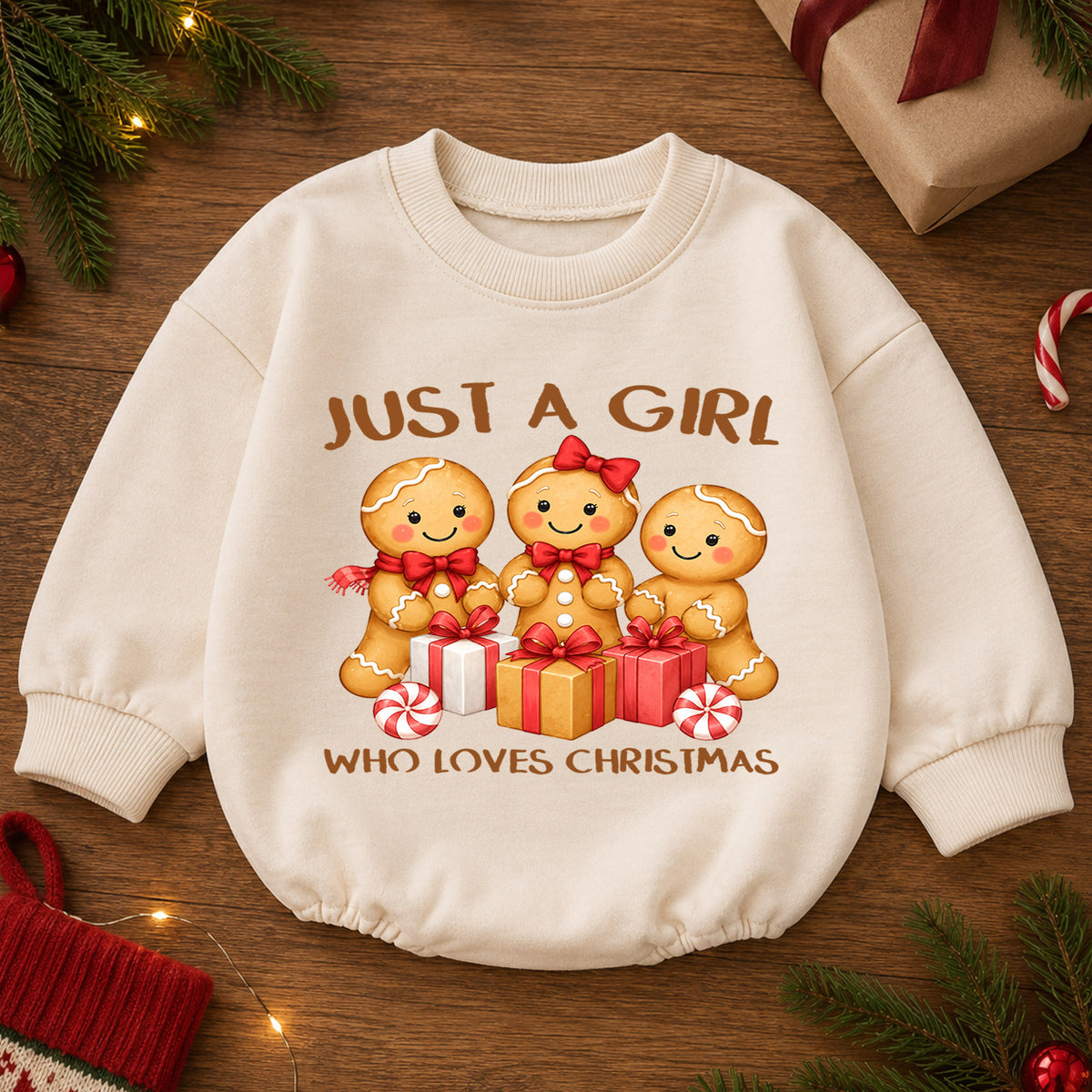 Just a Girl Who Loves Christmas Baby Romper, Gingerbread Girl Holiday Outfit, Toddler Xmas Clothes, Girl Gift — product view 2