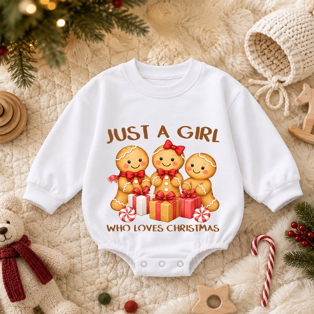 Just a Girl Who Loves Christmas Baby Romper, Gingerbread Girl Holiday Outfit, Toddler Xmas Clothes, Girl Gift — product view 3
