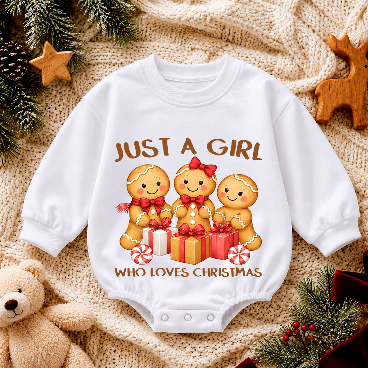 Just a Girl Who Loves Christmas Baby Romper, Gingerbread Girl Holiday Outfit, Toddler Xmas Clothes, Girl Gift — product view 4