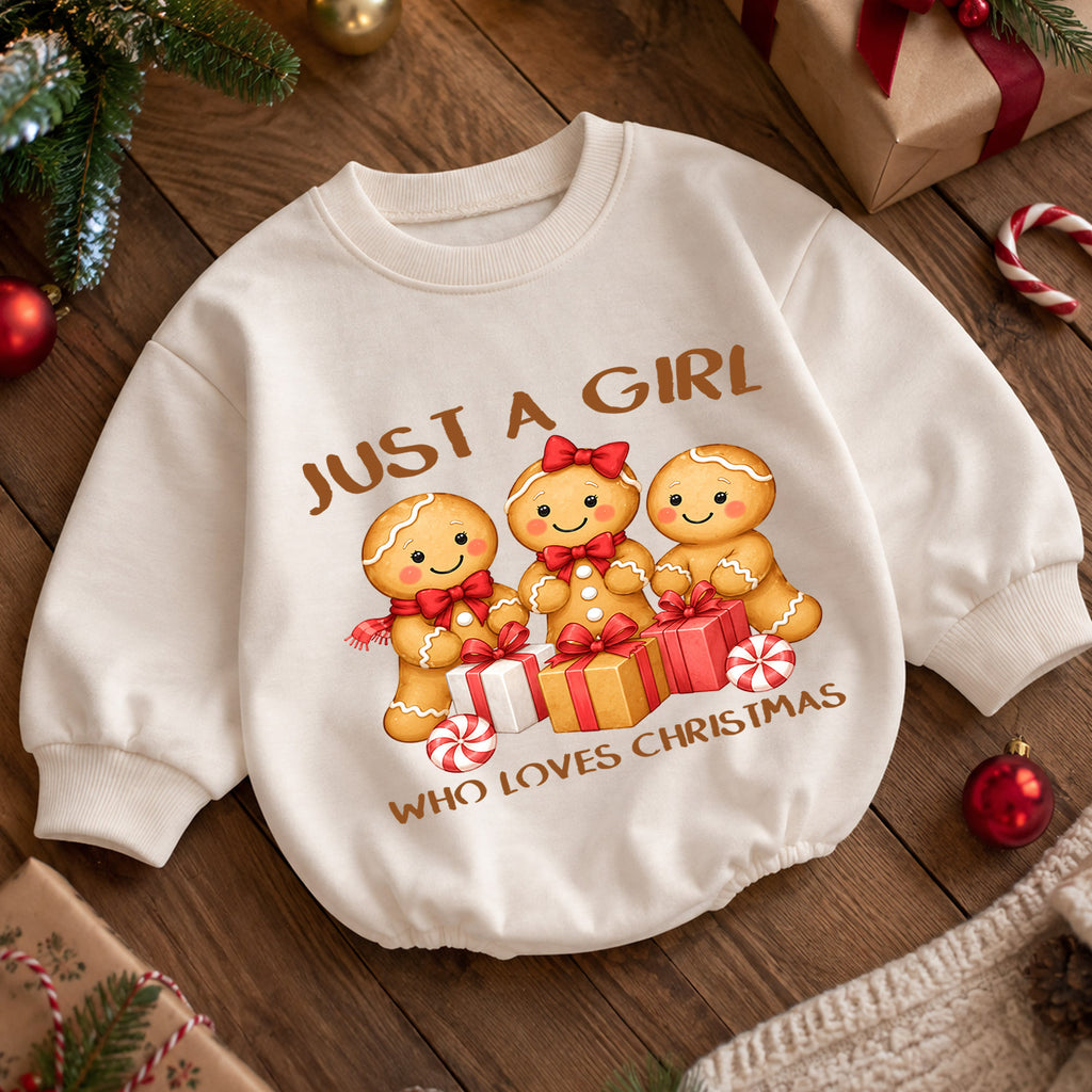 Just a Girl Who Loves Christmas Baby Romper, Gingerbread Girl Holiday Outfit, Toddler Xmas Clothes, Girl Gift — product view 5