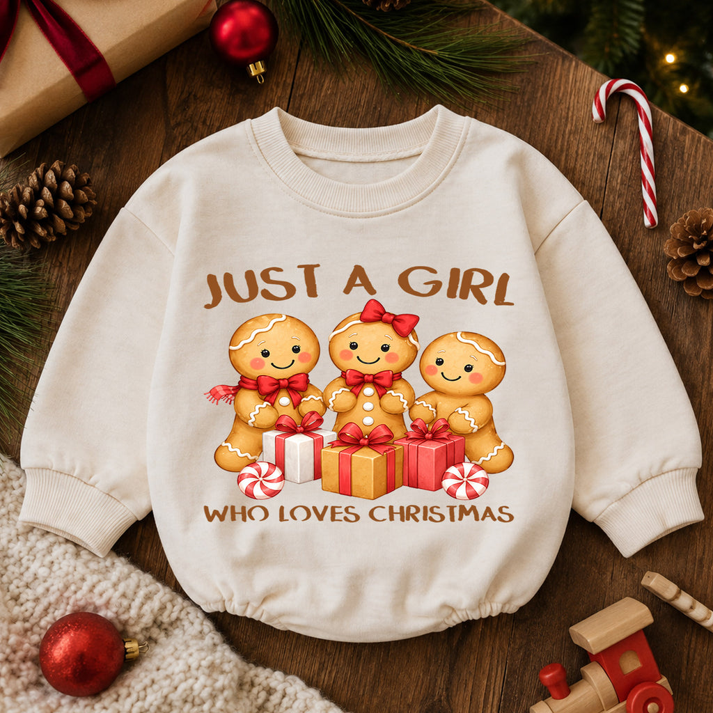 Just a Girl Who Loves Christmas Baby Romper, Gingerbread Girl Holiday Outfit, Toddler Xmas Clothes, Girl Gift — product view 6