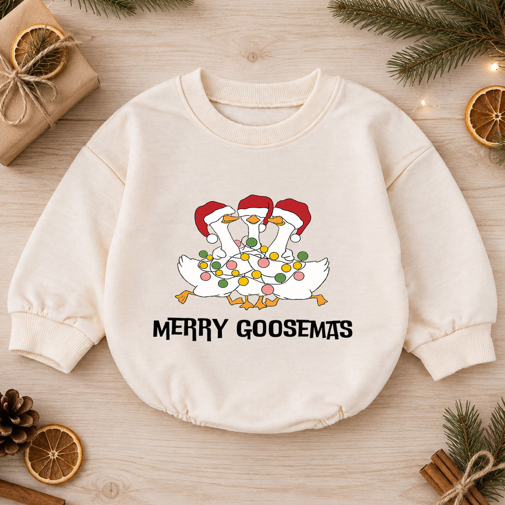 Funny Christmas Goose Baby Romper, Holiday Goose Trio Outfit, Cute Toddler Xmas Gift, Merry Goosemas — product view 1