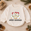Funny Christmas Goose Baby Romper, Holiday Goose Trio Outfit, Cute Toddler Xmas Gift, Merry Goosemas — product view 1