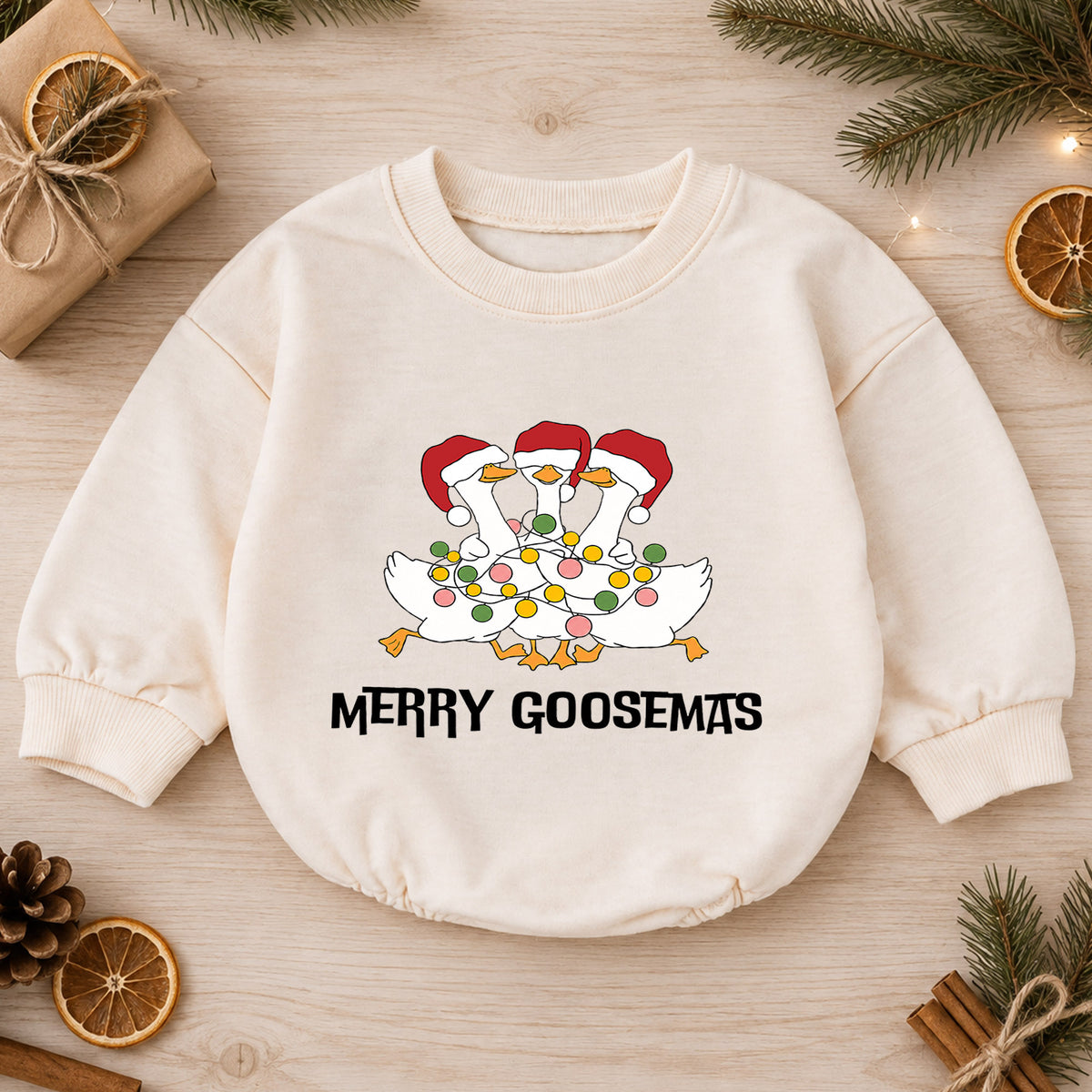 Funny Christmas Goose Baby Romper, Holiday Goose Trio Outfit, Cute Toddler Xmas Gift, Merry Goosemas — product view 1