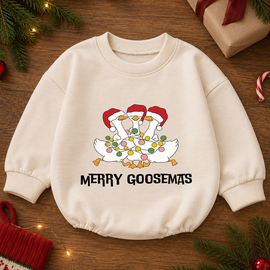 Funny Christmas Goose Baby Romper, Holiday Goose Trio Outfit, Cute Toddler Xmas Gift, Merry Goosemas — product view 2