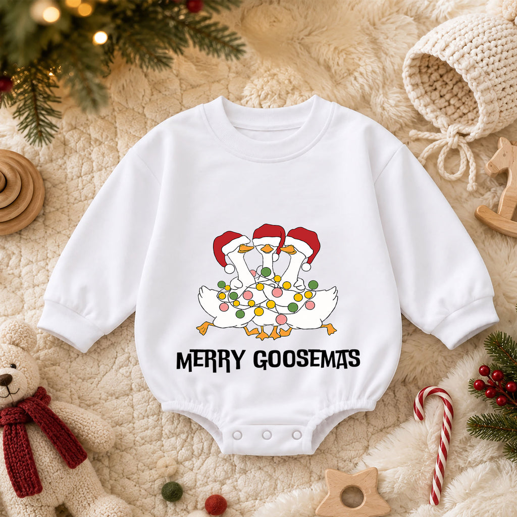Funny Christmas Goose Baby Romper, Holiday Goose Trio Outfit, Cute Toddler Xmas Gift, Merry Goosemas — product view 3