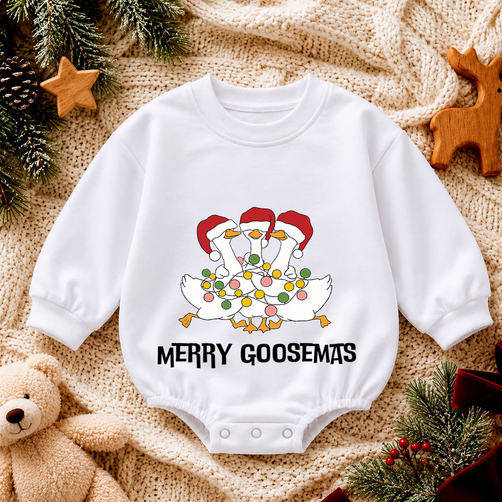 Funny Christmas Goose Baby Romper, Holiday Goose Trio Outfit, Cute Toddler Xmas Gift, Merry Goosemas — product view 4