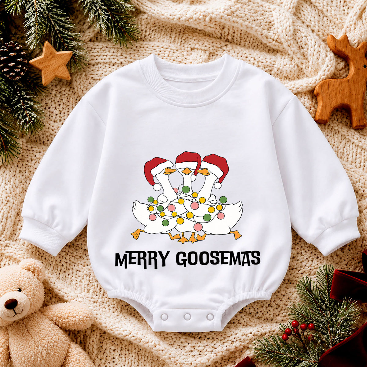 Funny Christmas Goose Baby Romper, Holiday Goose Trio Outfit, Cute Toddler Xmas Gift, Merry Goosemas — product view 4