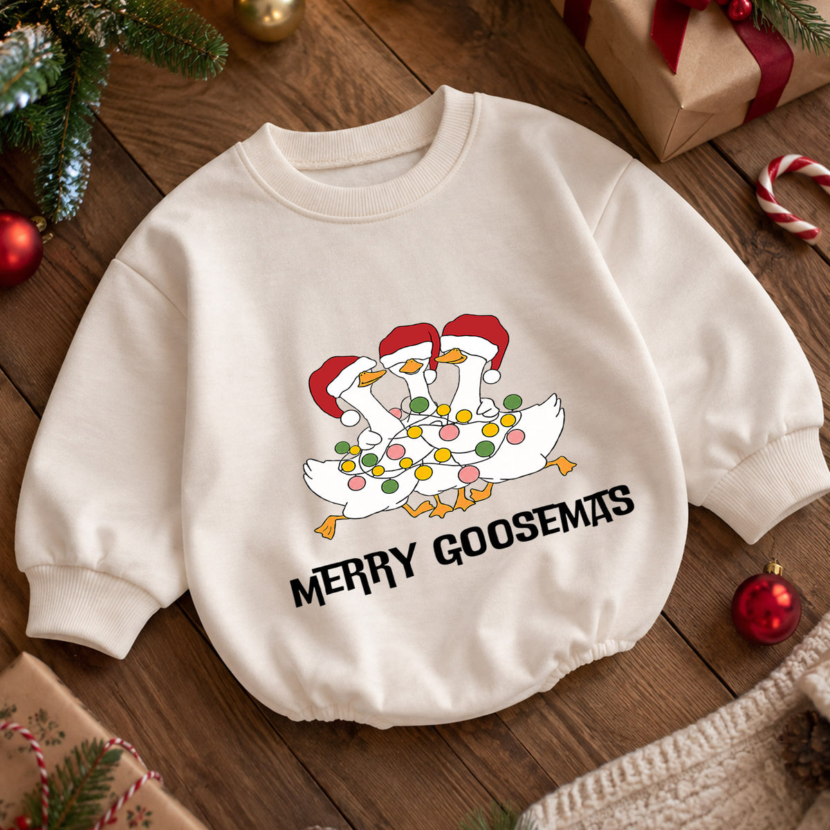 Funny Christmas Goose Baby Romper, Holiday Goose Trio Outfit, Cute Toddler Xmas Gift, Merry Goosemas — product view 5