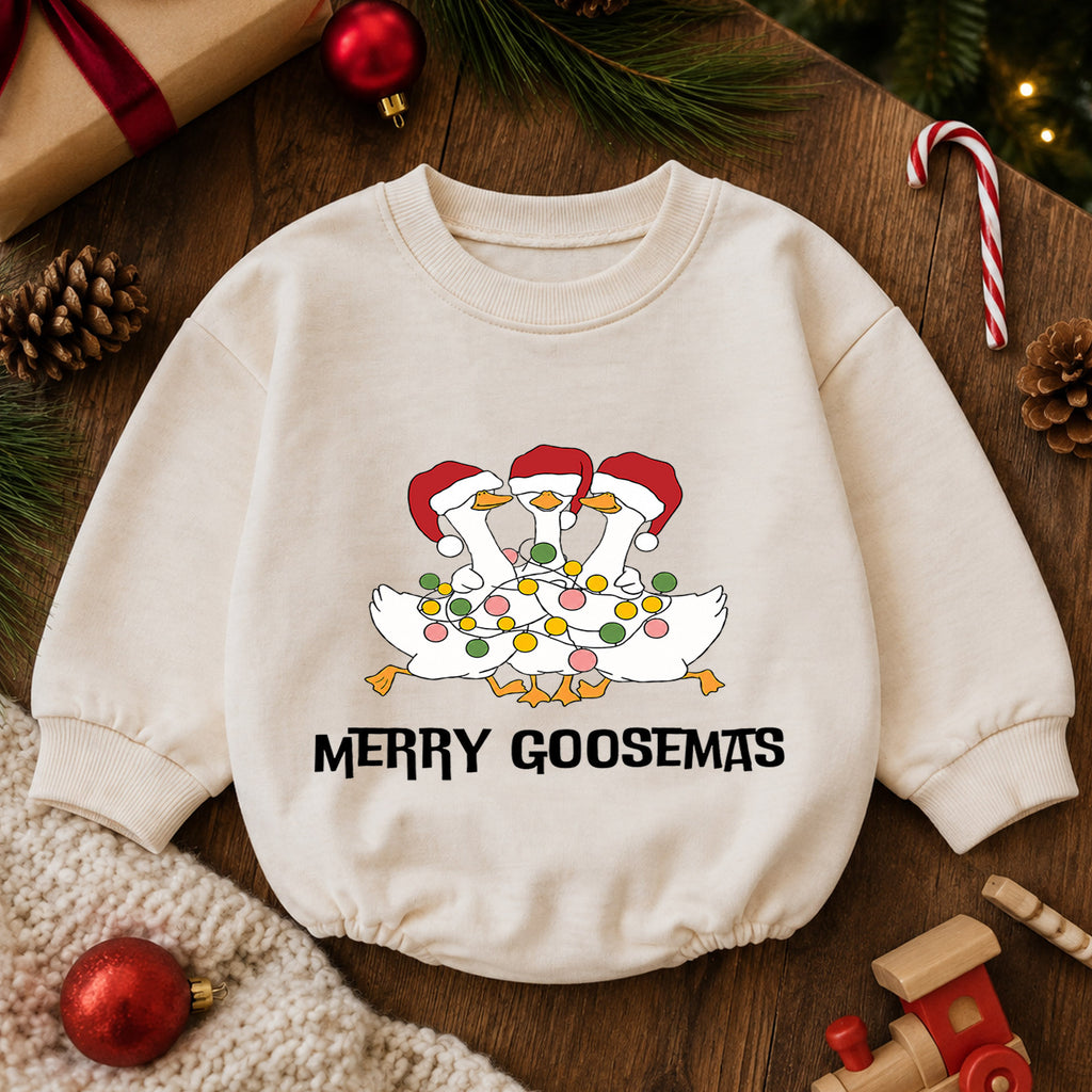 Funny Christmas Goose Baby Romper, Holiday Goose Trio Outfit, Cute Toddler Xmas Gift, Merry Goosemas — product view 6