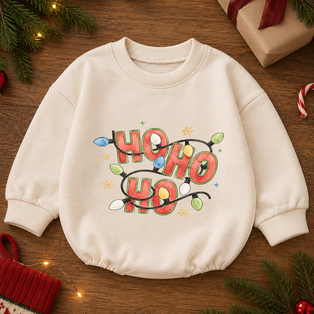 Ho Ho Ho Baby Romper, Christmas Lights Holiday Romper, Retro Santa 1st Birthday Christmas Outfit, Cute Toddler Xmas Gift — product view 2