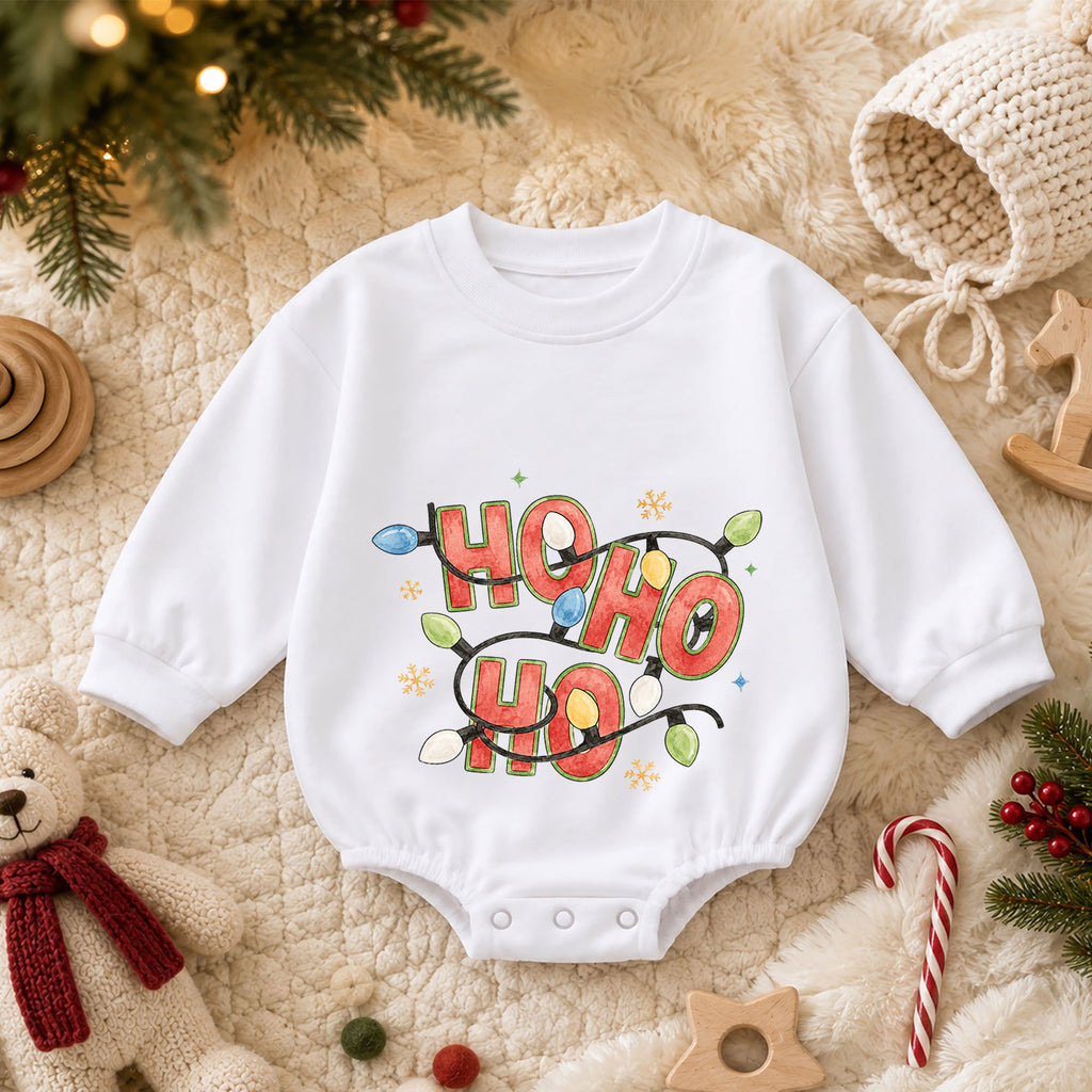 Ho Ho Ho Baby Romper, Christmas Lights Holiday Romper, Retro Santa 1st Birthday Christmas Outfit, Cute Toddler Xmas Gift — product view 3