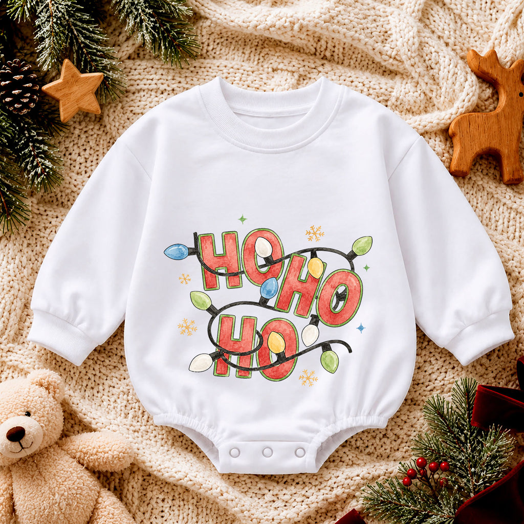 Ho Ho Ho Baby Romper, Christmas Lights Holiday Romper, Retro Santa 1st Birthday Christmas Outfit, Cute Toddler Xmas Gift — product view 4