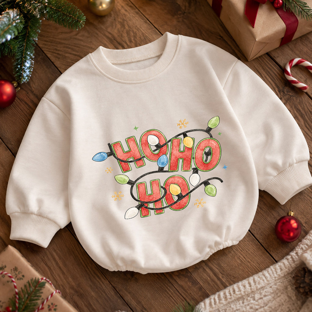 Ho Ho Ho Baby Romper, Christmas Lights Holiday Romper, Retro Santa 1st Birthday Christmas Outfit, Cute Toddler Xmas Gift — product view 5
