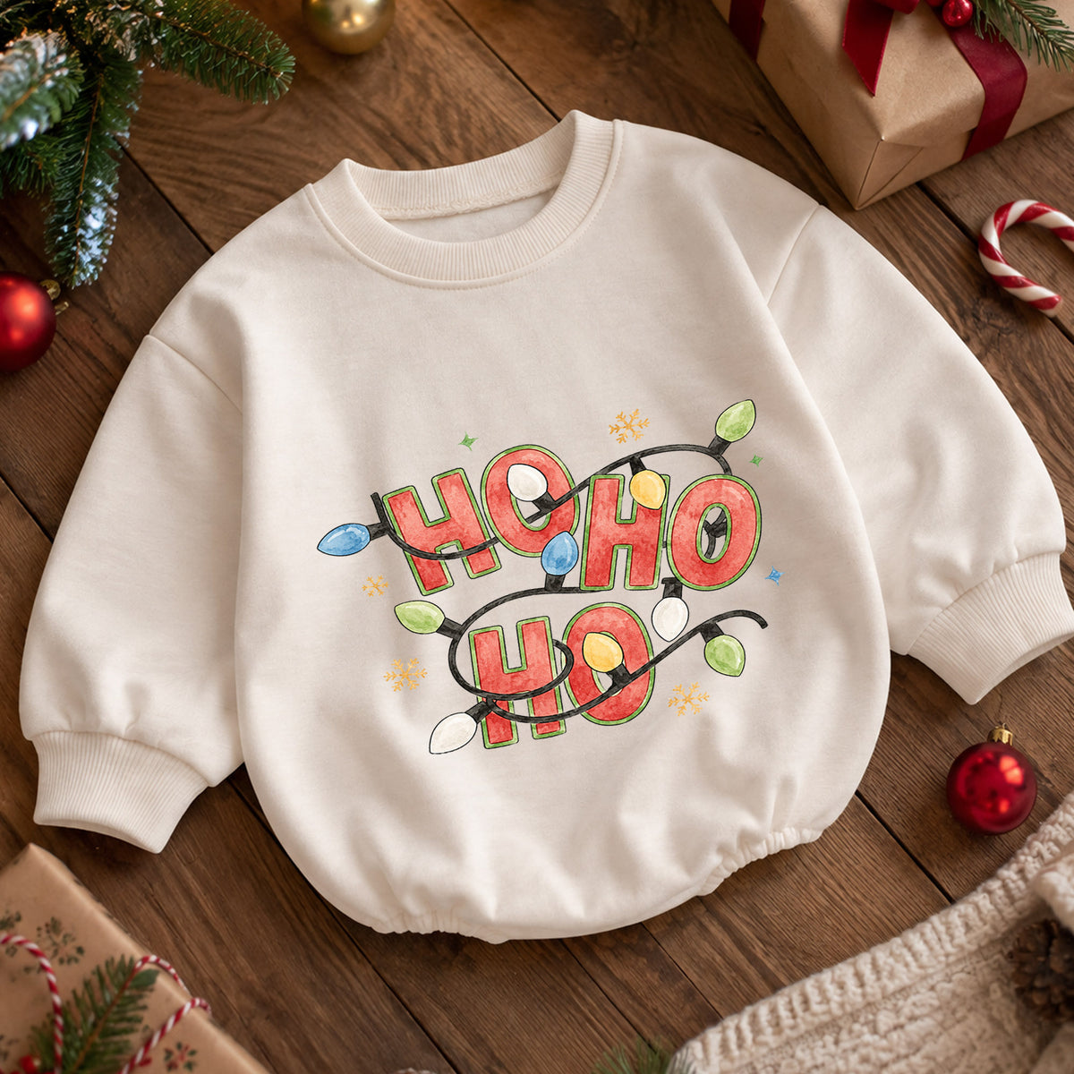 Ho Ho Ho Baby Romper, Christmas Lights Holiday Romper, Retro Santa 1st Birthday Christmas Outfit, Cute Toddler Xmas Gift — product view 5