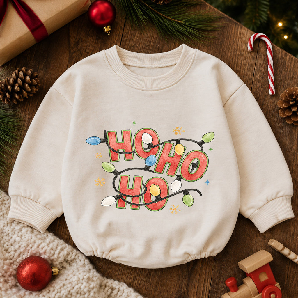 Ho Ho Ho Baby Romper, Christmas Lights Holiday Romper, Retro Santa 1st Birthday Christmas Outfit, Cute Toddler Xmas Gift — product view 6