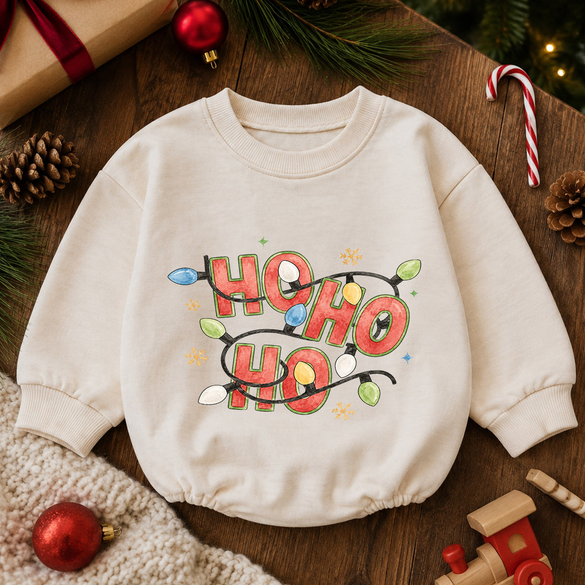 Ho Ho Ho Baby Romper, Christmas Lights Holiday Romper, Retro Santa 1st Birthday Christmas Outfit, Cute Toddler Xmas Gift — product view 6
