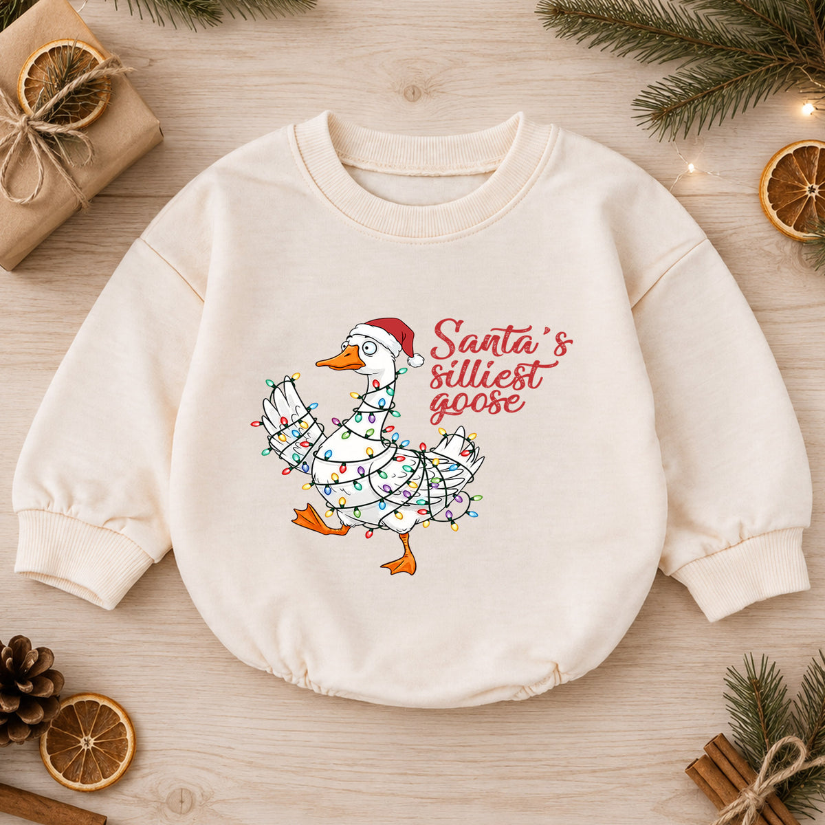 Santa's Silliest Goose Baby Romper, Funny Goose Christmas Romper, Toddler 1st Birthday Holiday Outfit, Silly Goose Xmas Gift for Baby — product view 1