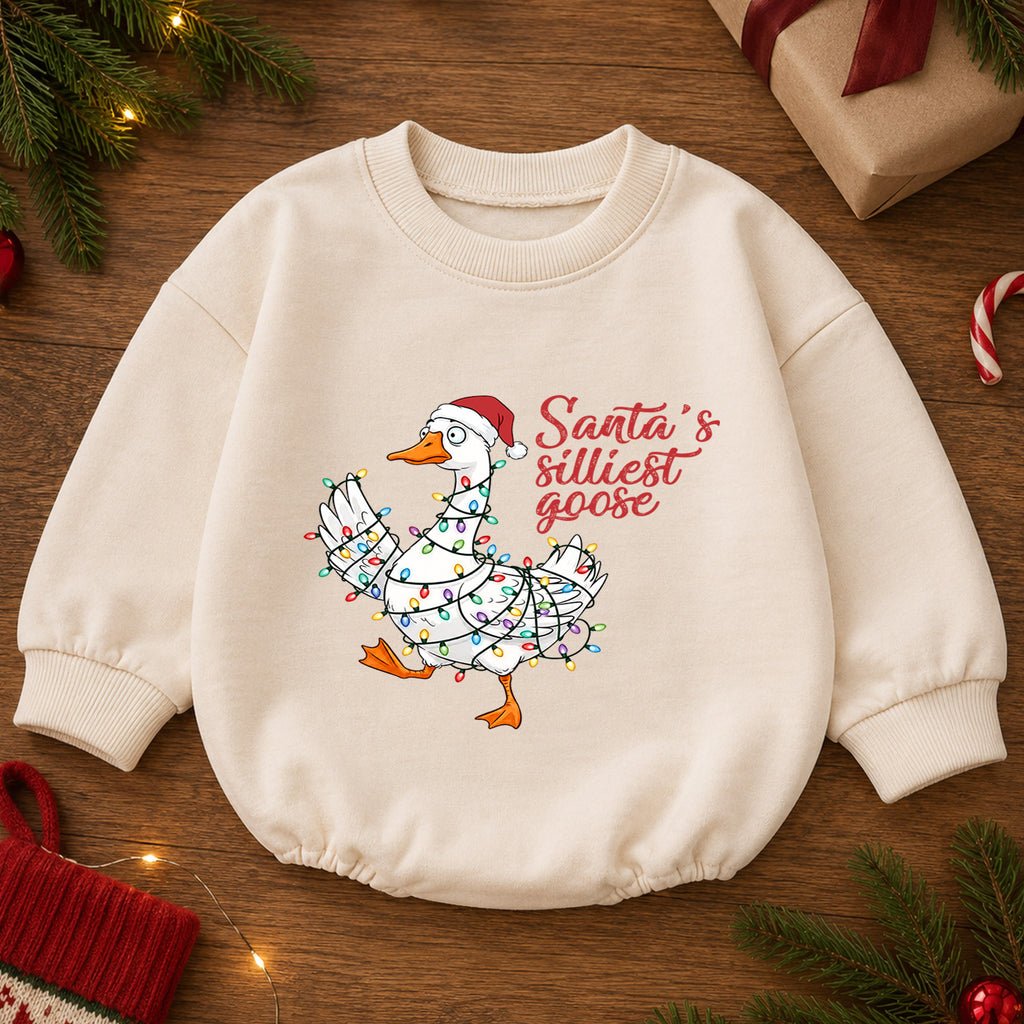 Santa's Silliest Goose Baby Romper, Funny Goose Christmas Romper, Toddler 1st Birthday Holiday Outfit, Silly Goose Xmas Gift for Baby — product view 2