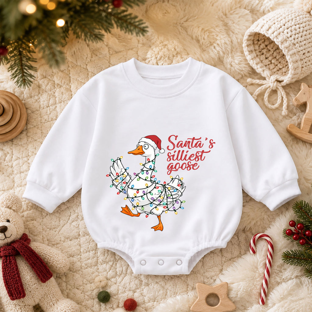 Santa's Silliest Goose Baby Romper, Funny Goose Christmas Romper, Toddler 1st Birthday Holiday Outfit, Silly Goose Xmas Gift for Baby — product view 3