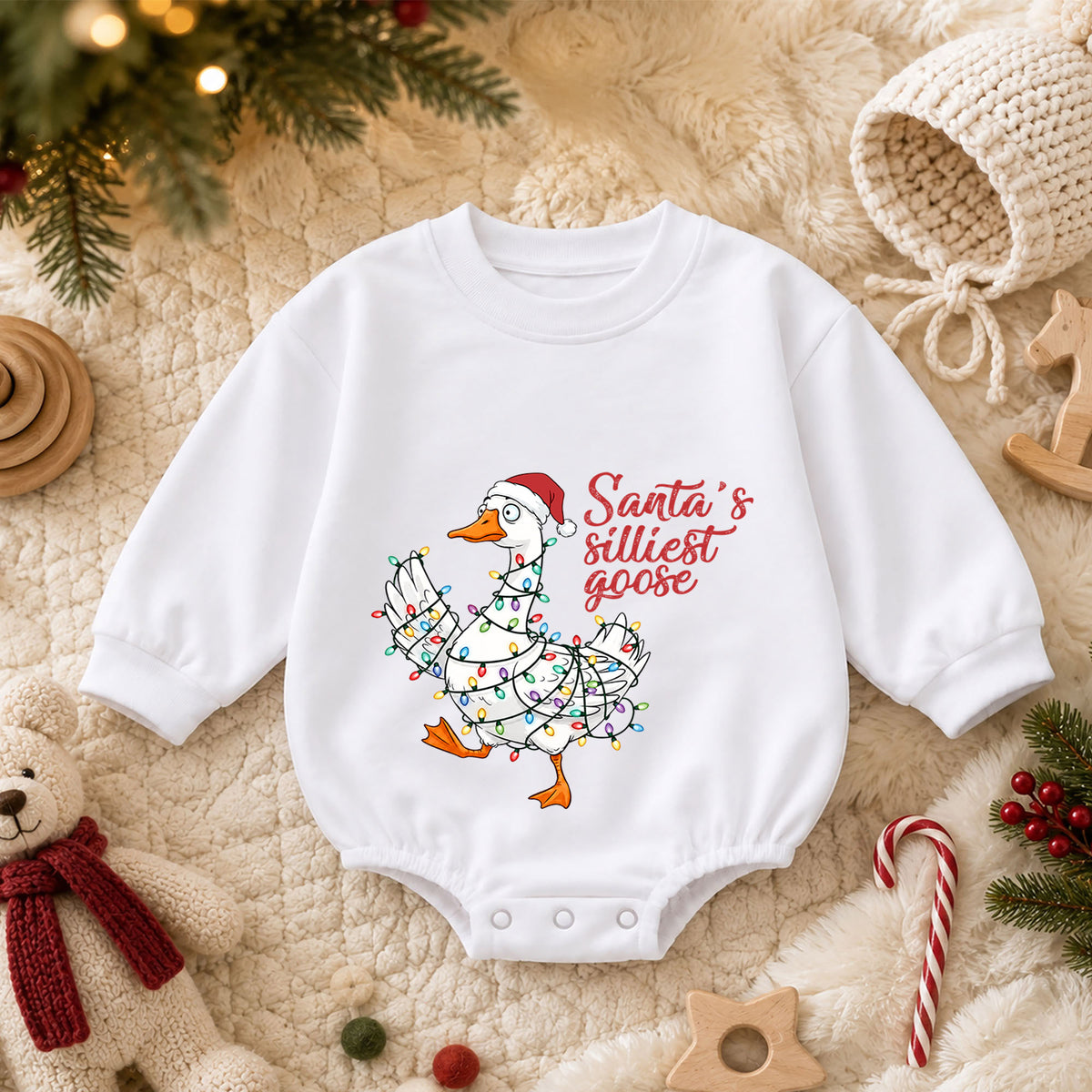 Santa's Silliest Goose Baby Romper, Funny Goose Christmas Romper, Toddler 1st Birthday Holiday Outfit, Silly Goose Xmas Gift for Baby — product view 3