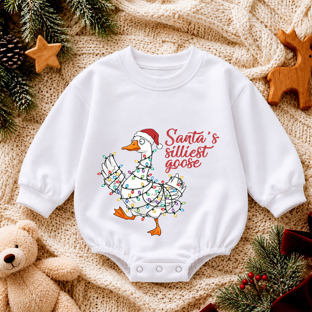 Santa's Silliest Goose Baby Romper, Funny Goose Christmas Romper, Toddler 1st Birthday Holiday Outfit, Silly Goose Xmas Gift for Baby — product view 4