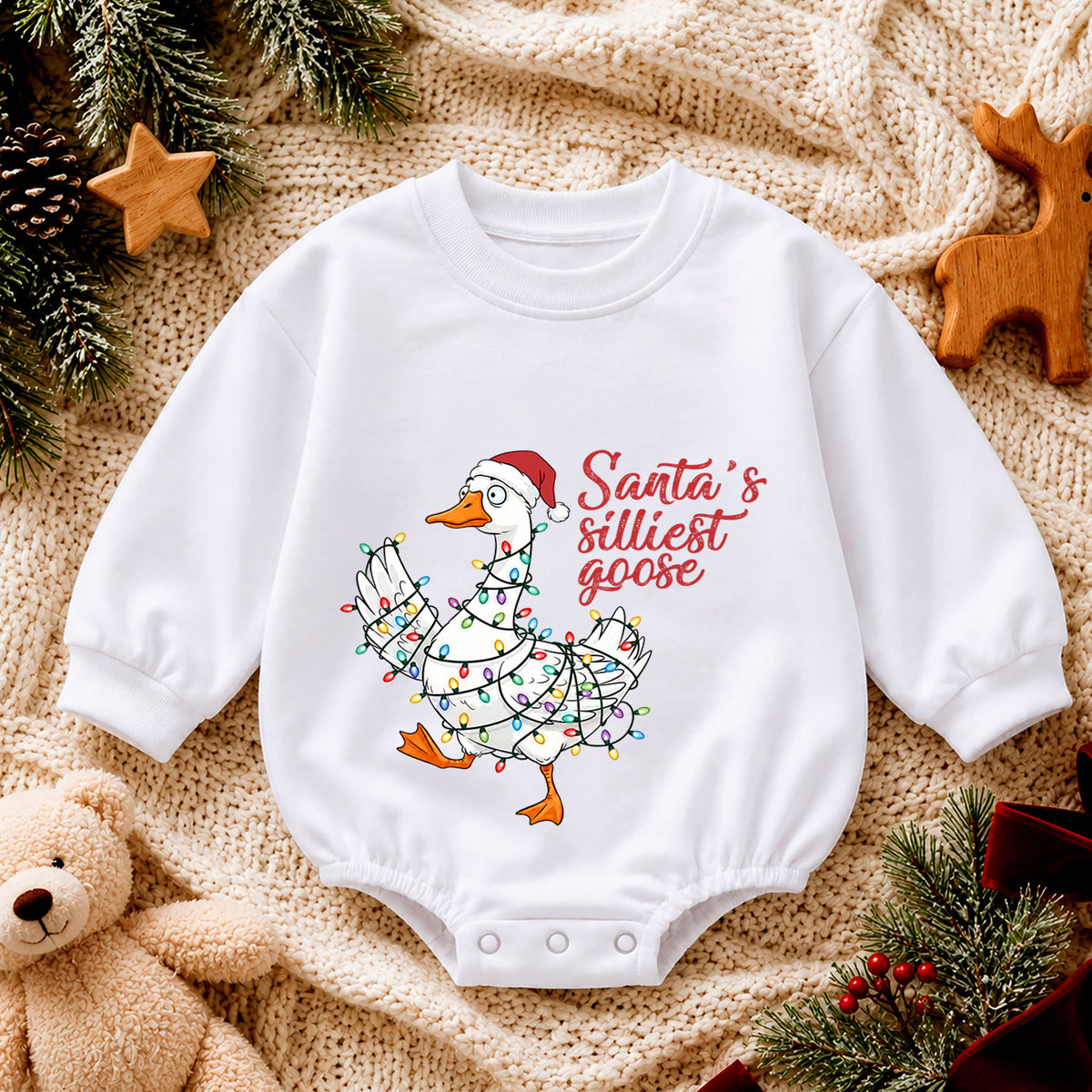 Santa's Silliest Goose Baby Romper, Funny Goose Christmas Romper, Toddler 1st Birthday Holiday Outfit, Silly Goose Xmas Gift for Baby — product view 4