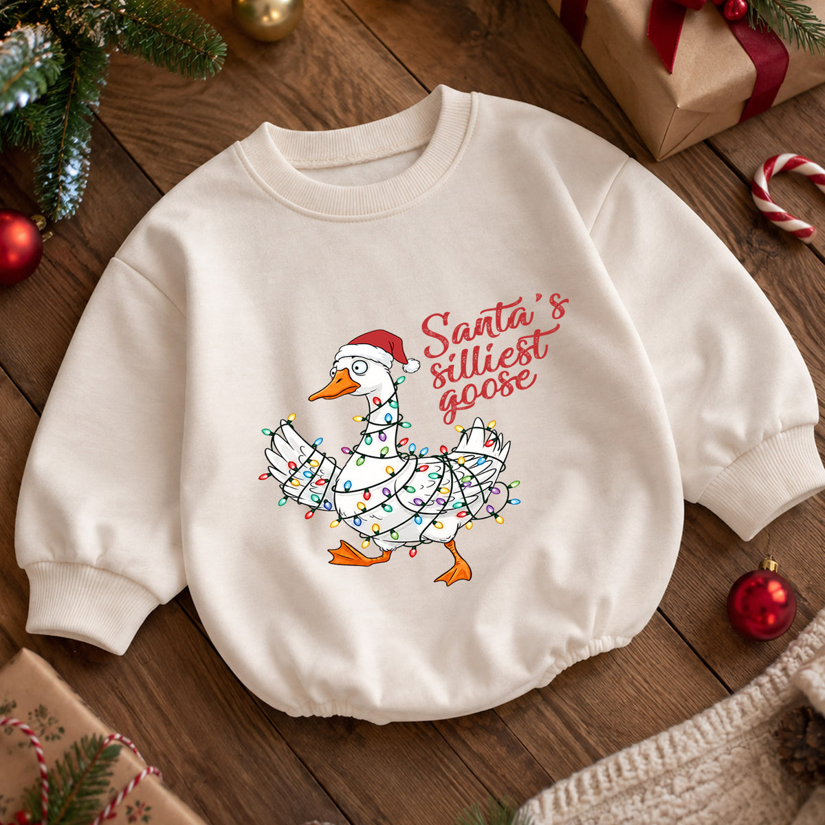 Santa's Silliest Goose Baby Romper, Funny Goose Christmas Romper, Toddler 1st Birthday Holiday Outfit, Silly Goose Xmas Gift for Baby — product view 5