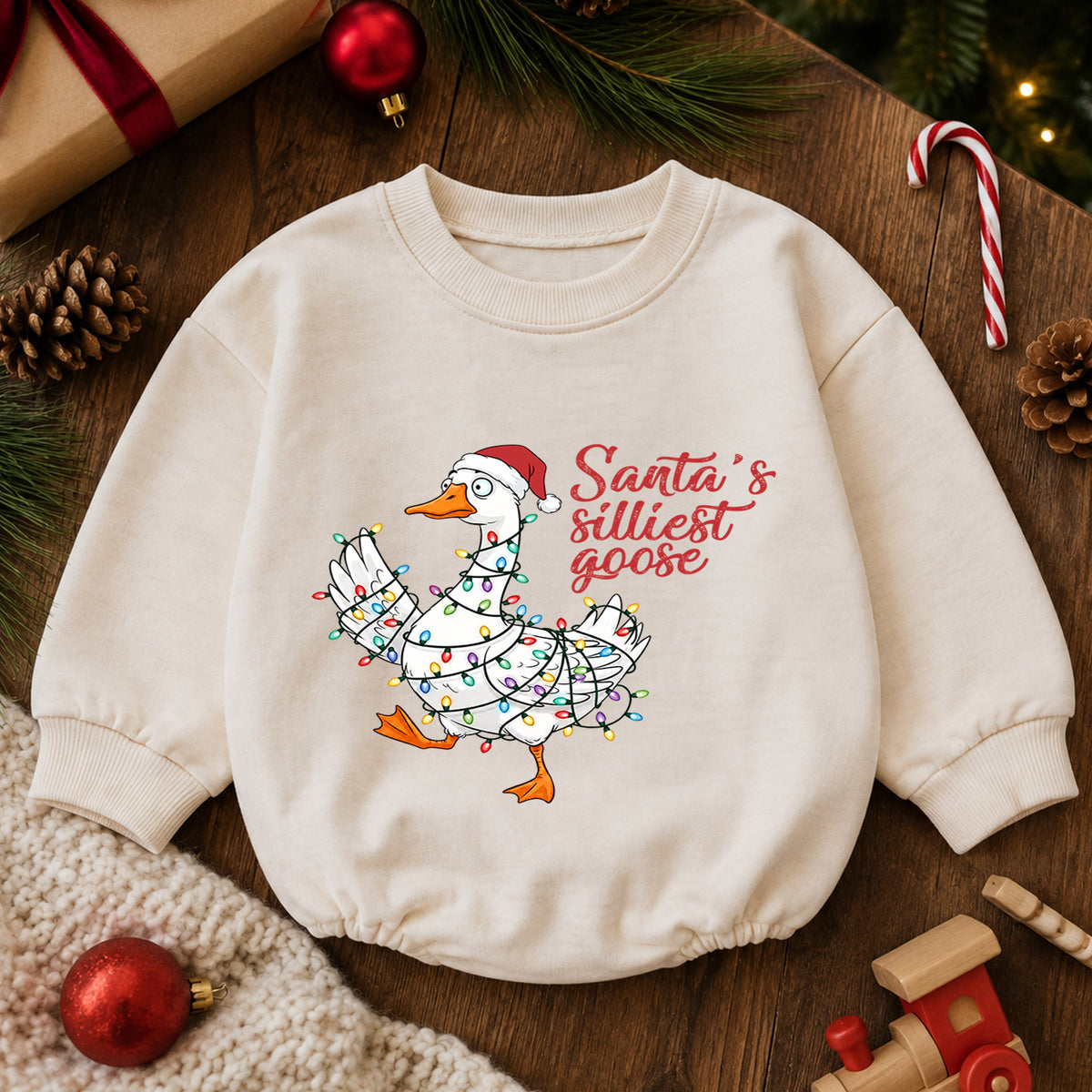 Santa's Silliest Goose Baby Romper, Funny Goose Christmas Romper, Toddler 1st Birthday Holiday Outfit, Silly Goose Xmas Gift for Baby — product view 6