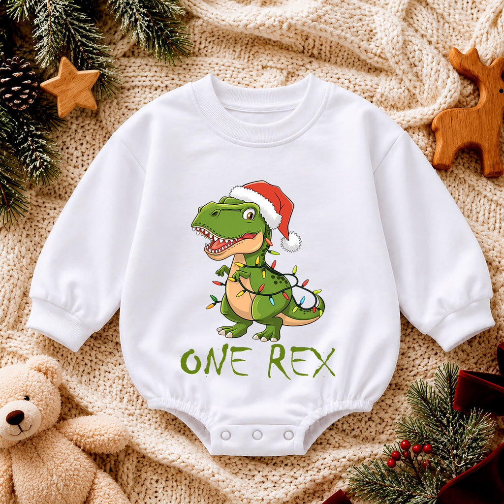 One Rex Christmas Baby Romper, T Rex Santa Dinosaur Romper, 1st Birthday Holiday Outfit, Cute Dino Xmas Gift for Baby — product view 4