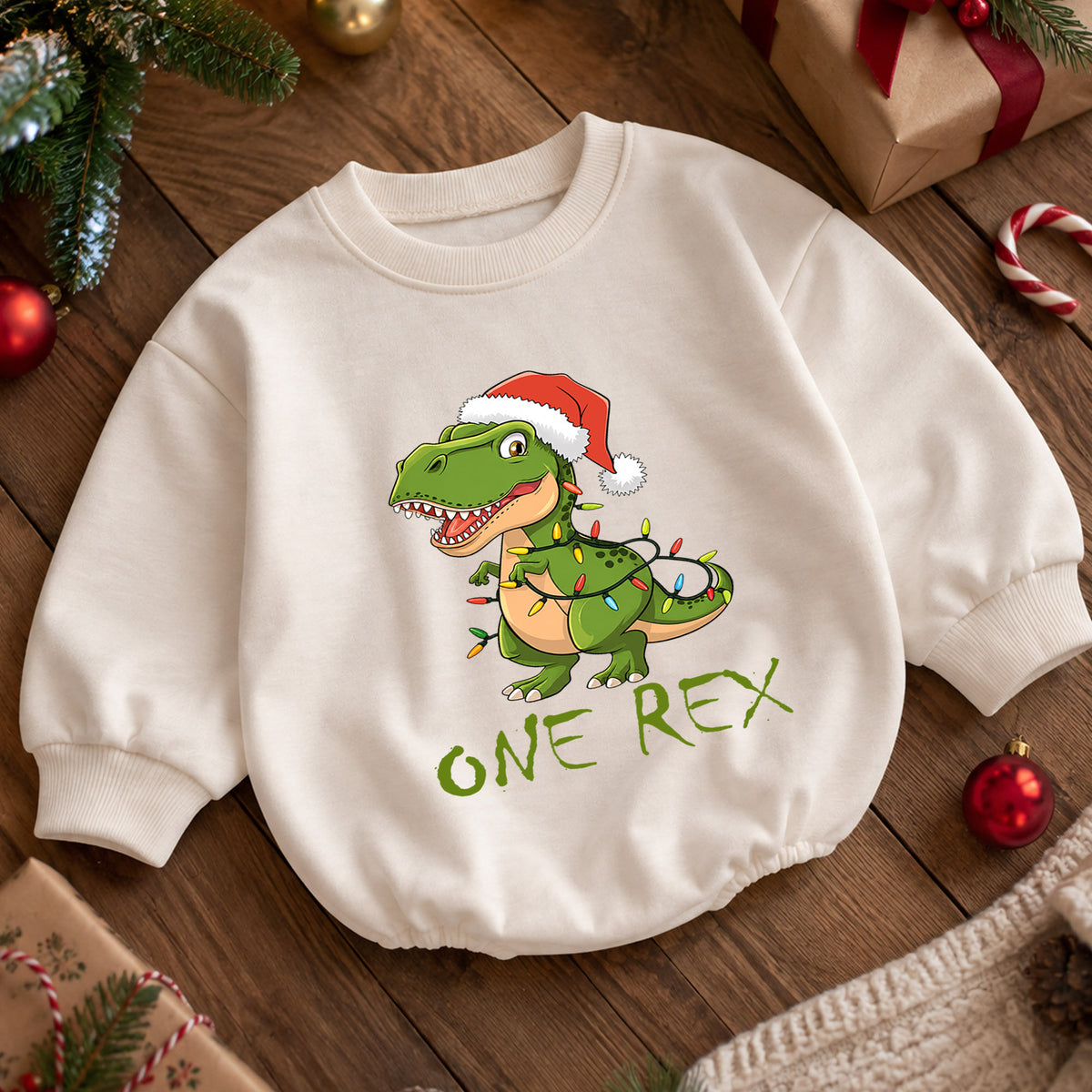 One Rex Christmas Baby Romper, T Rex Santa Dinosaur Romper, 1st Birthday Holiday Outfit, Cute Dino Xmas Gift for Baby — product view 5