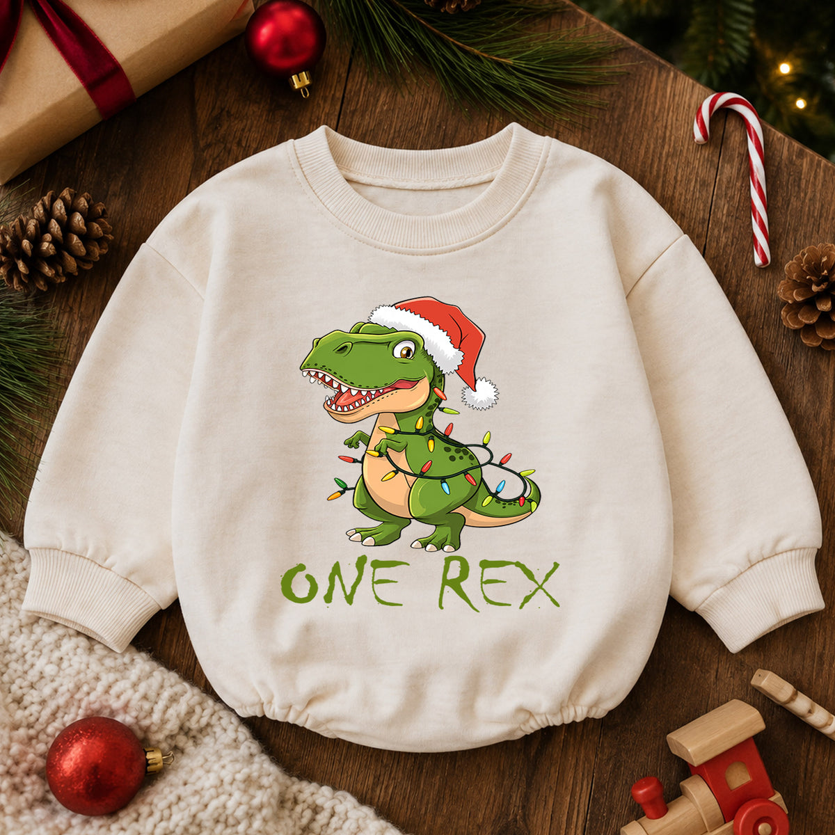 One Rex Christmas Baby Romper, T Rex Santa Dinosaur Romper, 1st Birthday Holiday Outfit, Cute Dino Xmas Gift for Baby — product view 6