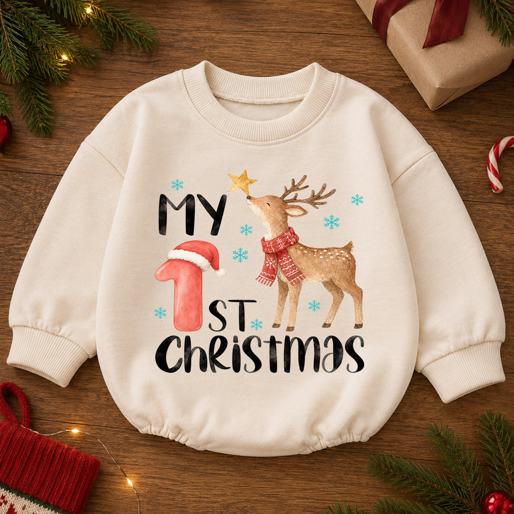 My 1st Christmas Reindeer Baby Romper, Watercolor Deer Holiday Romper, Baby First Christmas & 1st Birthday Outfit, Keepsake Gift — product view 2
