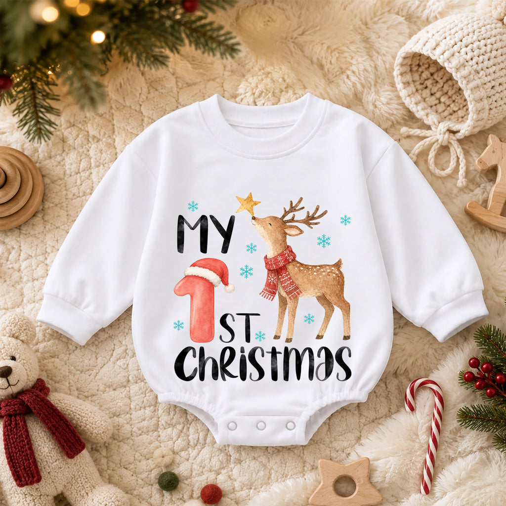 My 1st Christmas Reindeer Baby Romper, Watercolor Deer Holiday Romper, Baby First Christmas & 1st Birthday Outfit, Keepsake Gift — product view 3