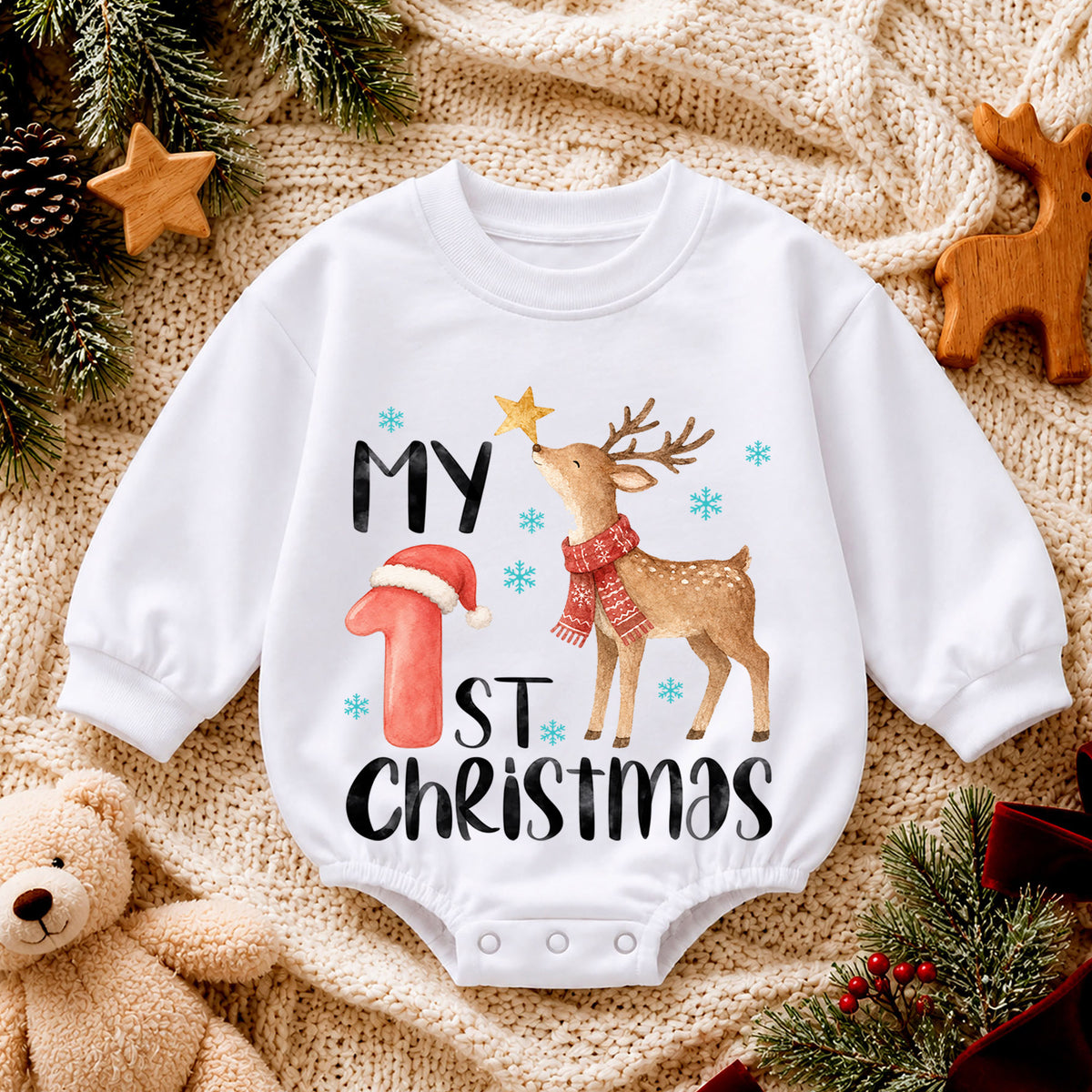 My 1st Christmas Reindeer Baby Romper, Watercolor Deer Holiday Romper, Baby First Christmas & 1st Birthday Outfit, Keepsake Gift — product view 4
