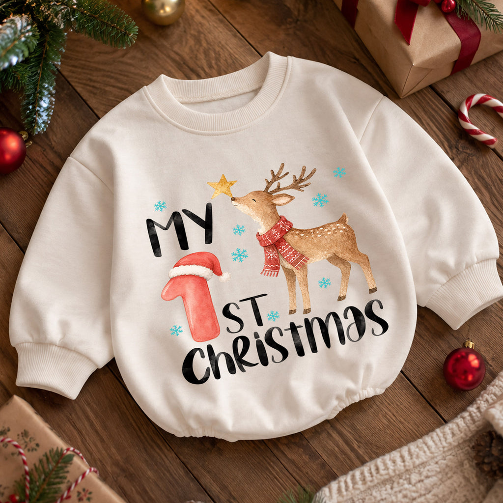 My 1st Christmas Reindeer Baby Romper, Watercolor Deer Holiday Romper, Baby First Christmas & 1st Birthday Outfit, Keepsake Gift — product view 5