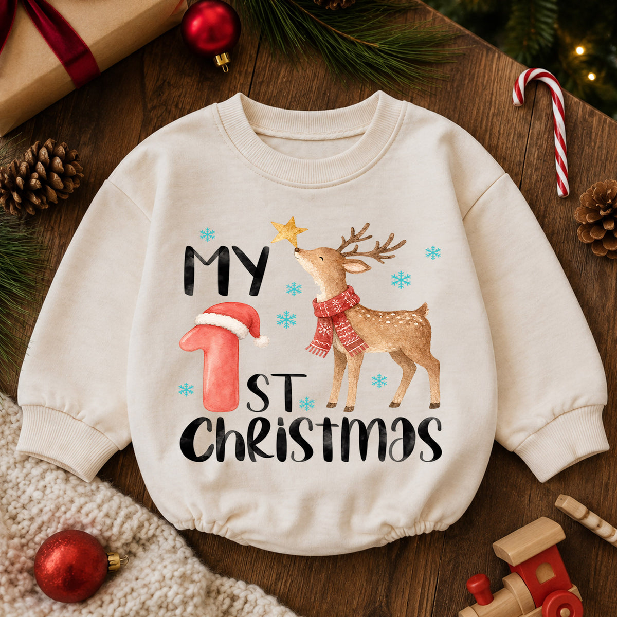 My 1st Christmas Reindeer Baby Romper, Watercolor Deer Holiday Romper, Baby First Christmas & 1st Birthday Outfit, Keepsake Gift — product view 6