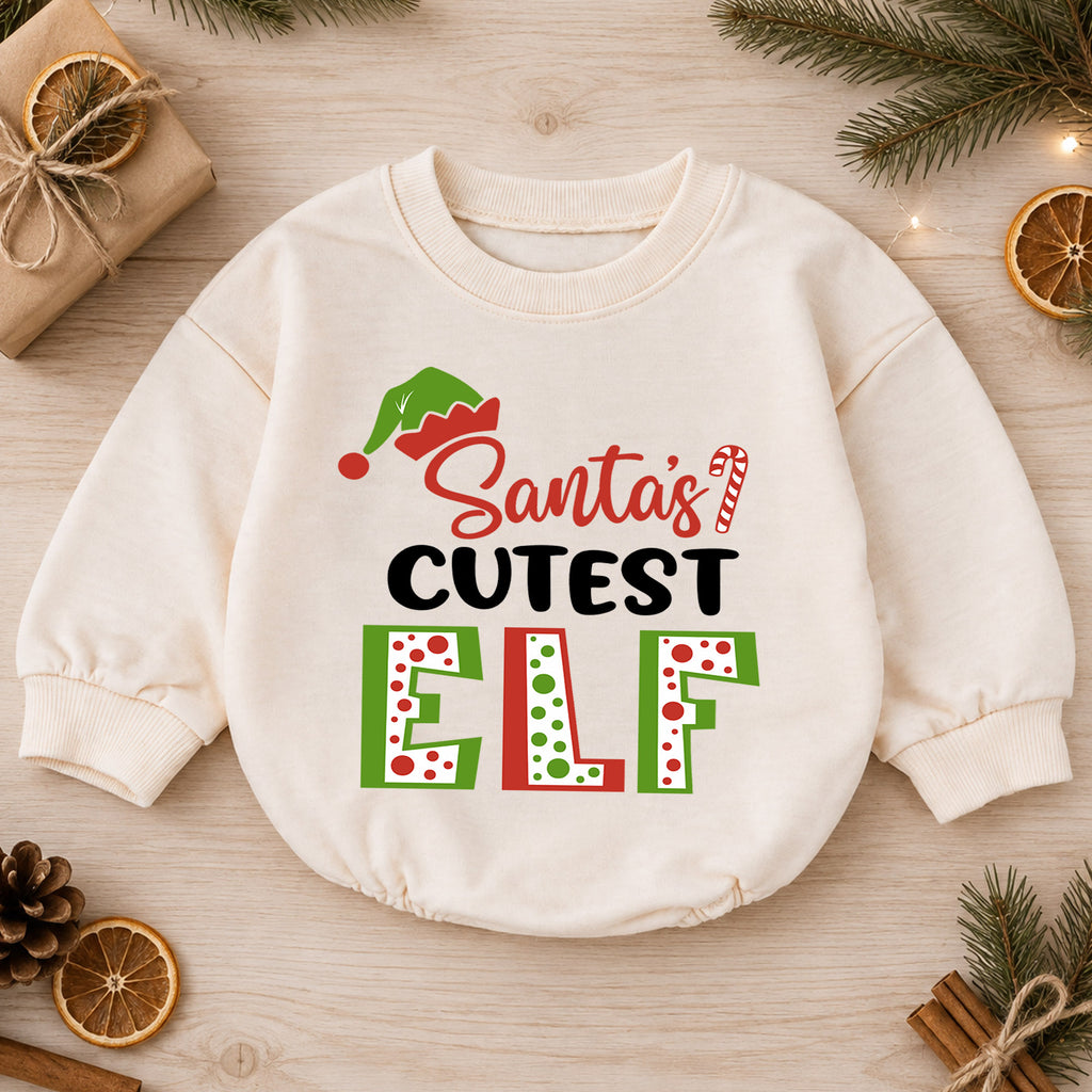 Santa's Cutest Elf Baby Romper, Elf Christmas Romper, Toddler 1st Birthday Holiday Outfit, Santa Helper Xmas Gift for Boys and Girls — product view 1