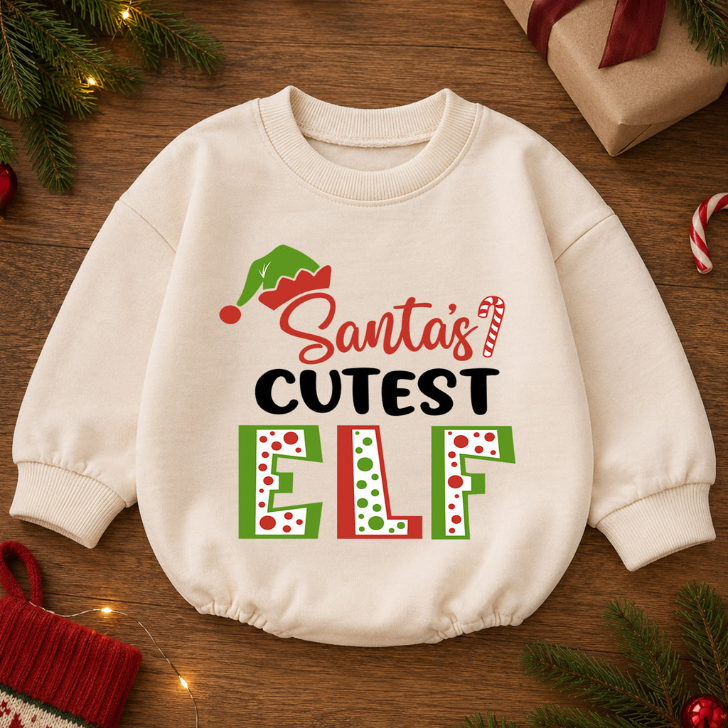 Santa's Cutest Elf Baby Romper, Elf Christmas Romper, Toddler 1st Birthday Holiday Outfit, Santa Helper Xmas Gift for Boys and Girls — product view 2