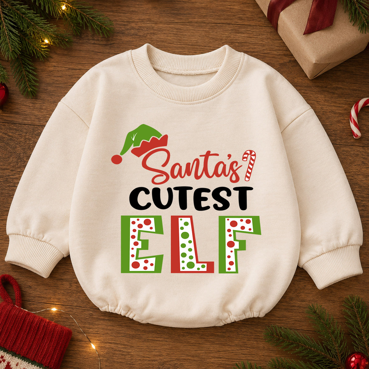 Santa's Cutest Elf Baby Romper, Elf Christmas Romper, Toddler 1st Birthday Holiday Outfit, Santa Helper Xmas Gift for Boys and Girls — product view 2