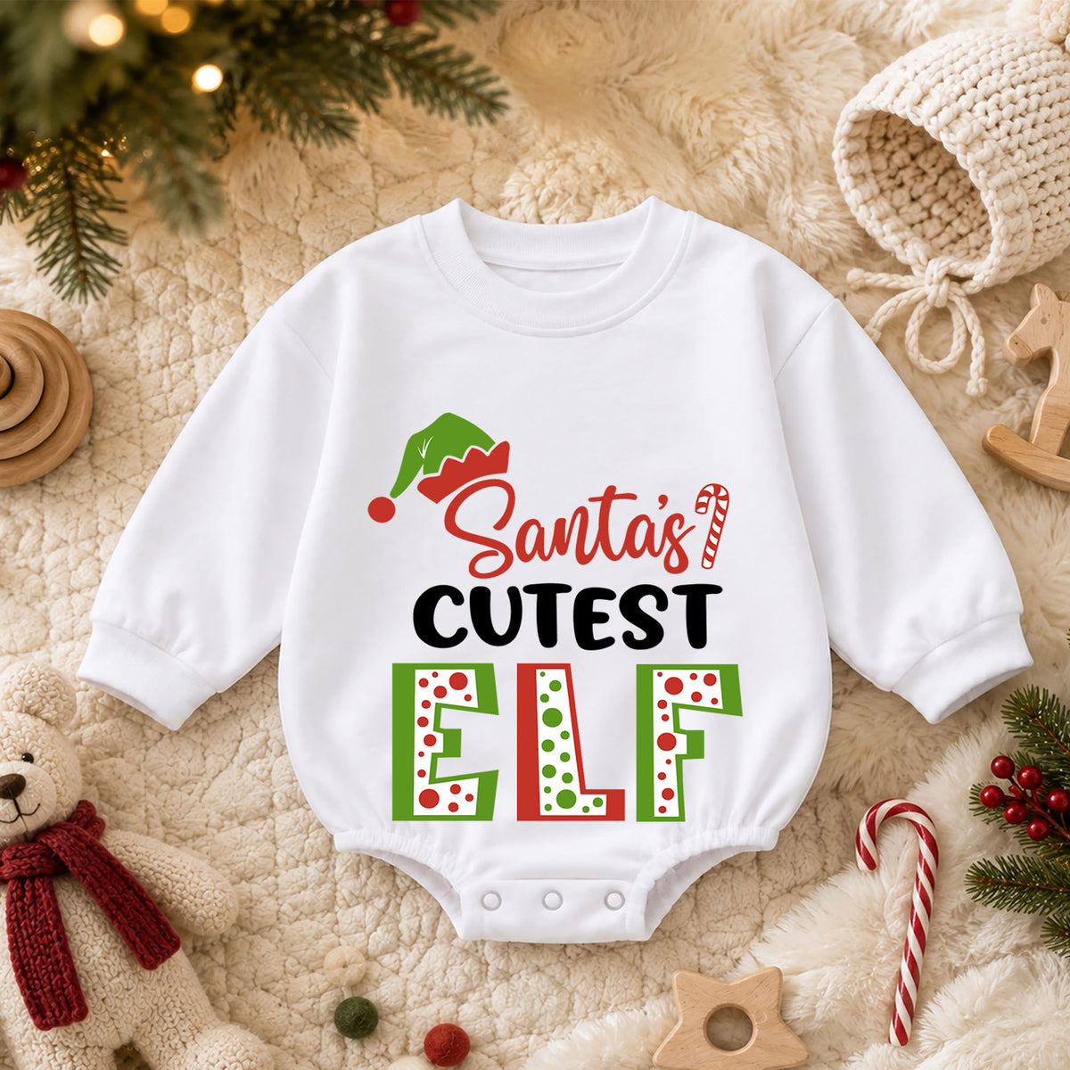 Santa's Cutest Elf Baby Romper, Elf Christmas Romper, Toddler 1st Birthday Holiday Outfit, Santa Helper Xmas Gift for Boys and Girls — product view 3
