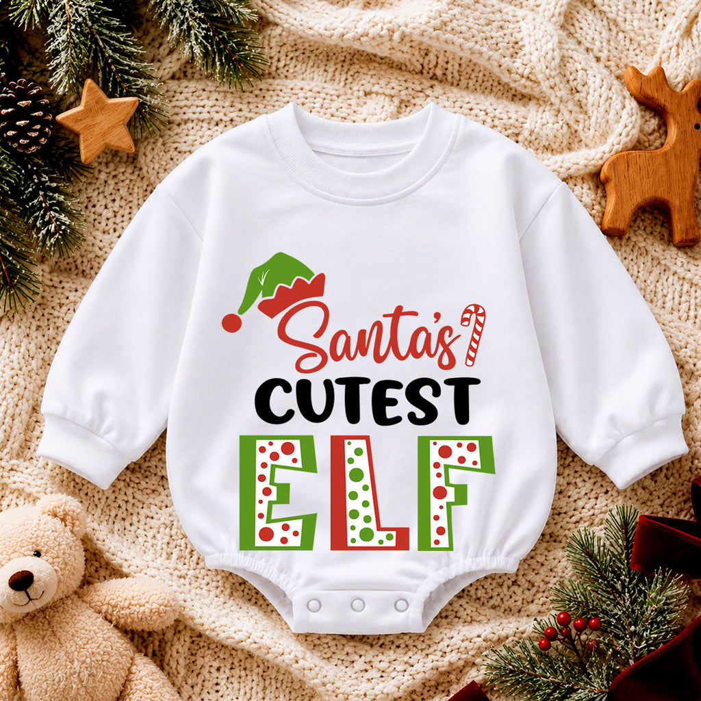Santa's Cutest Elf Baby Romper, Elf Christmas Romper, Toddler 1st Birthday Holiday Outfit, Santa Helper Xmas Gift for Boys and Girls — product view 4