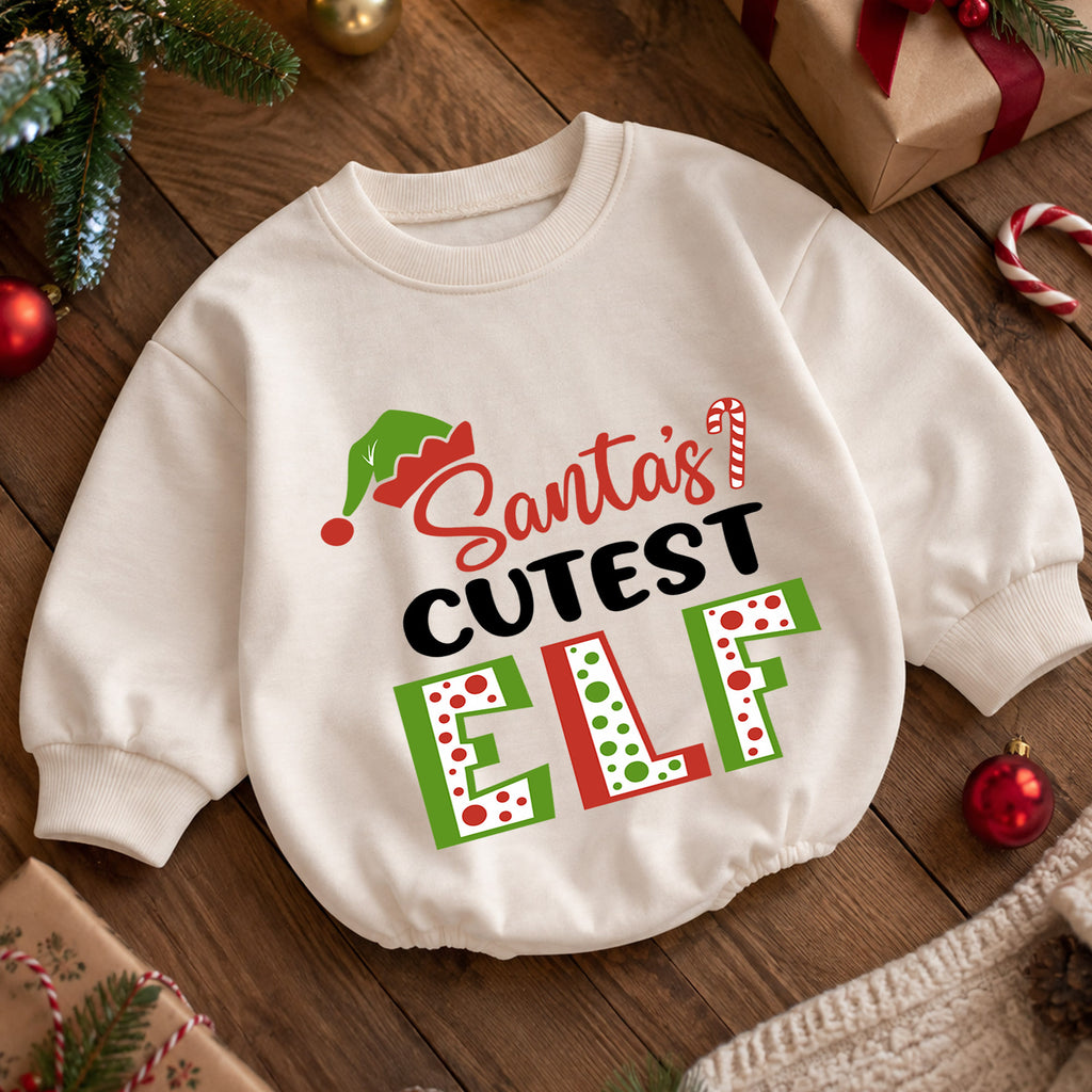 Santa's Cutest Elf Baby Romper, Elf Christmas Romper, Toddler 1st Birthday Holiday Outfit, Santa Helper Xmas Gift for Boys and Girls — product view 5